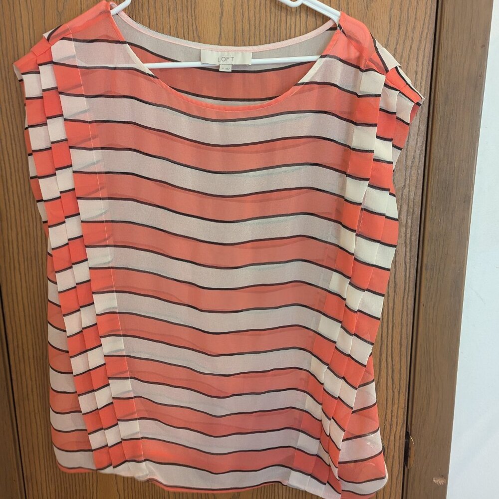 Loft Sheer Pleated Capped Sleeve Striped Orange White Blouse-Women's M
